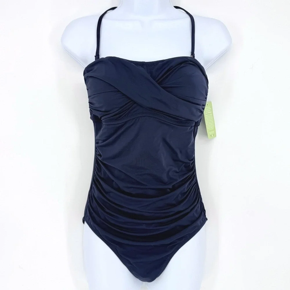 Garnet‎ Hill Navy Blue Ruched Crossover One Piece Swimsuit 33497 Womens 8 NEW